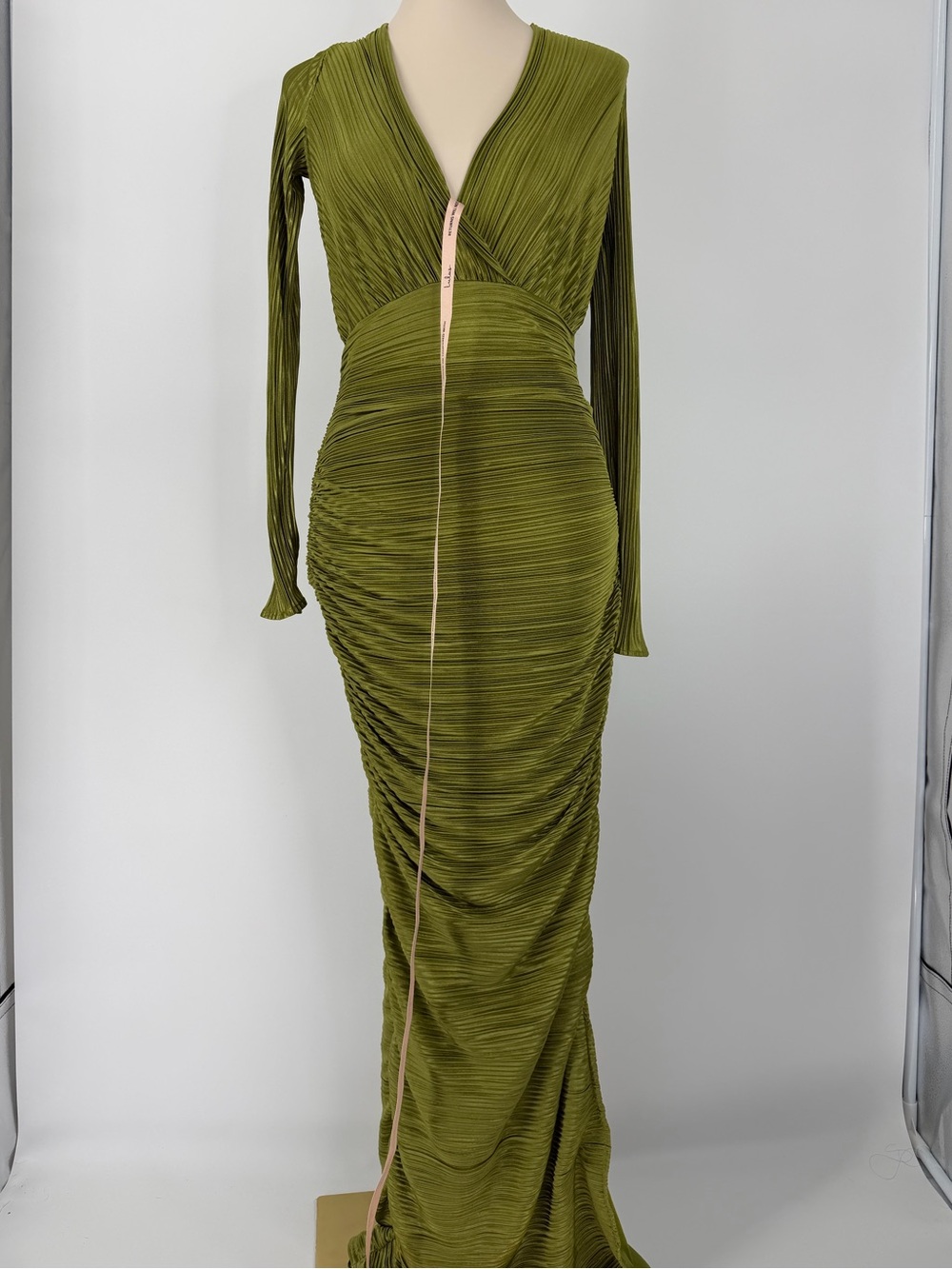 Lulu’s, Seren Olive Green Plisse Surplice Maxi
Dress, Size S